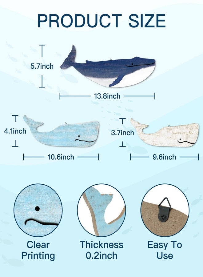 Putuo Decor Blue And White Whale Beach Wall Decor Wooden Nautical Decor Rustic Whale Wall Pediments Set 3 Piece Ocean Hanging Decor For Living Room Bedroom Bathroom - Image 3